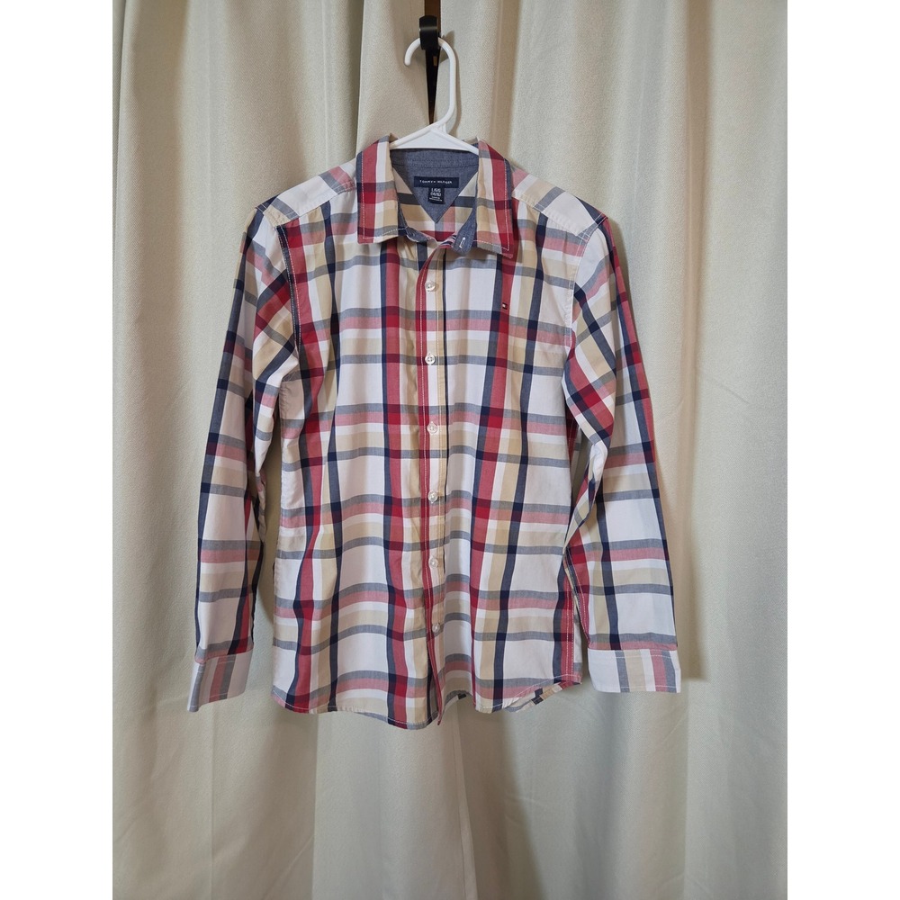 Tommy Hilfiger Boys Red Navy Plaid Button Down Shirt Large 14/16 Preppy Classic